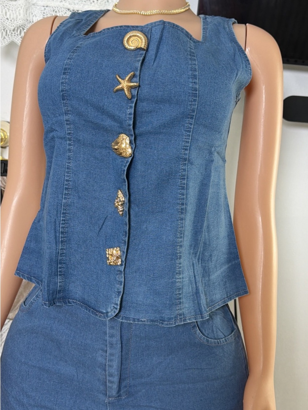 Denim Shell Button Front Top with Gold Seashell Buttons